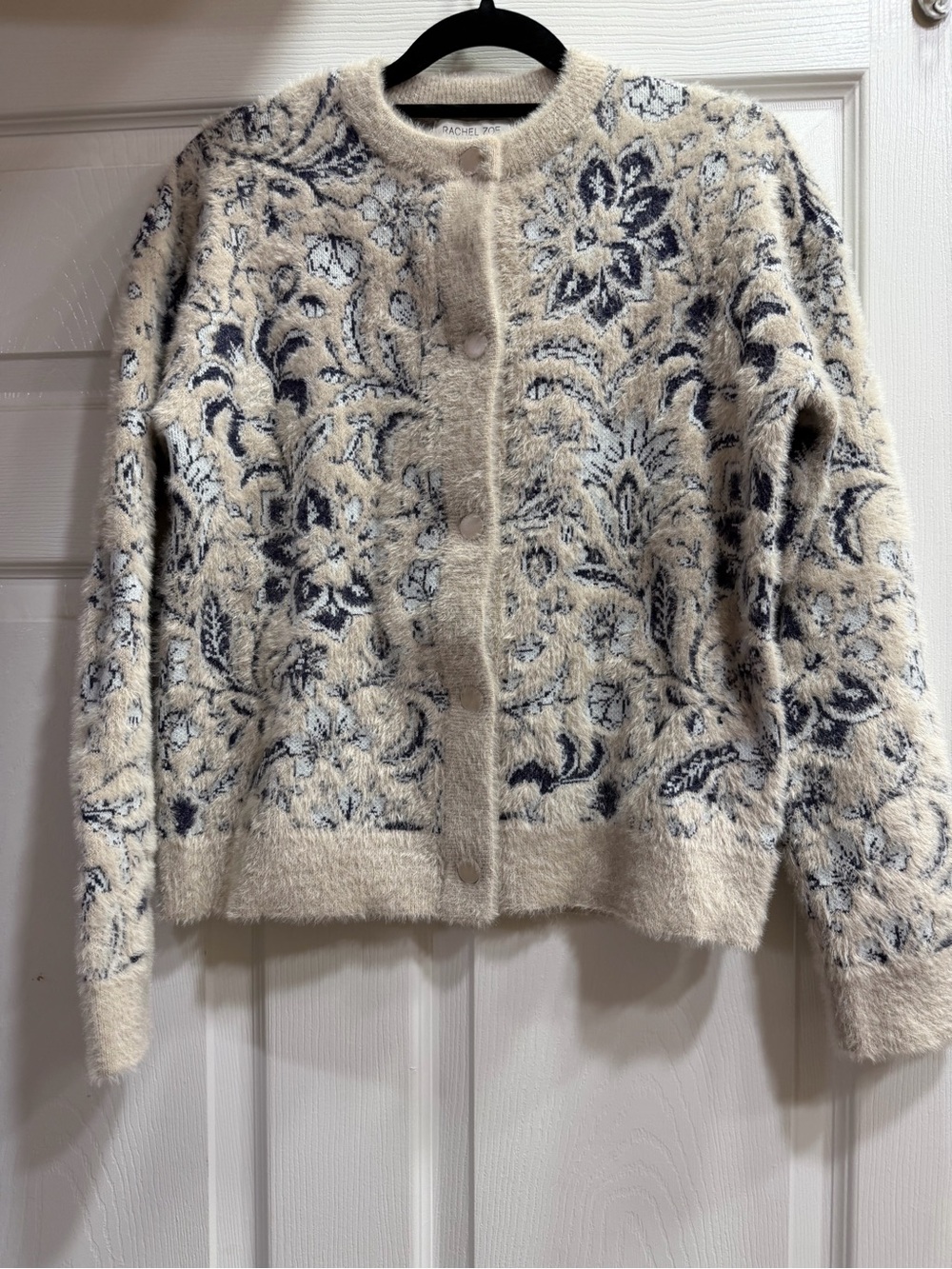 Rachel Zoe Cream and Navy Floral Fuzzy Button-Front Jacket